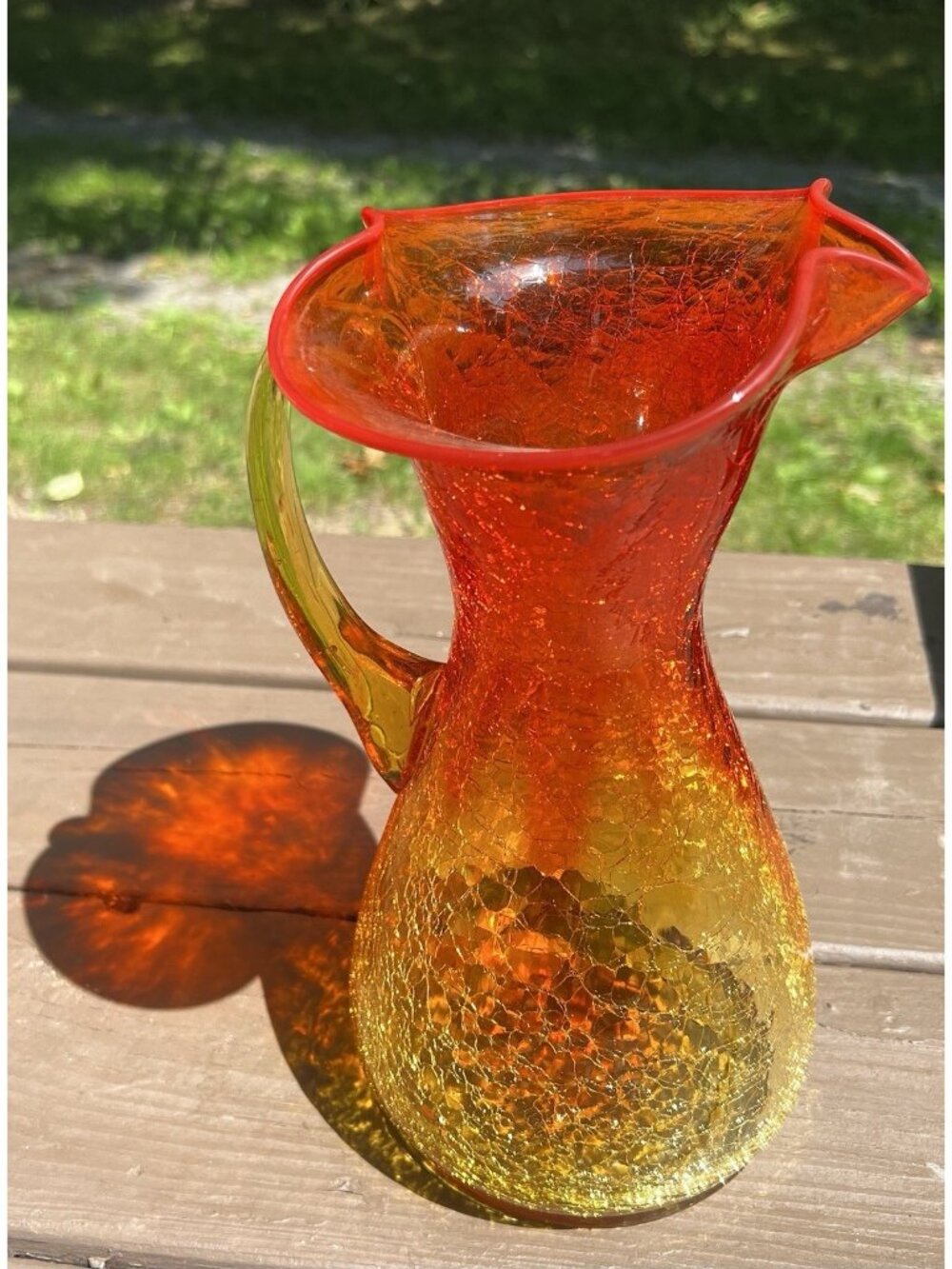Kanawha Tall Amberina Signed Crackle Glass Pitcher Ruffled Top & Pinched Spout